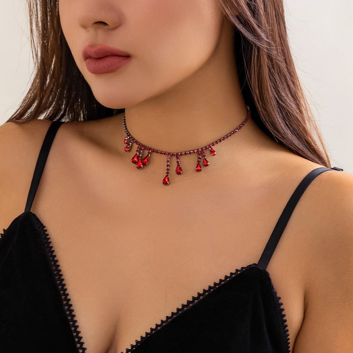 Gothic Red Waterdrop Tassel Rhinestone Chain Choker Necklace - ArtGalleryZen