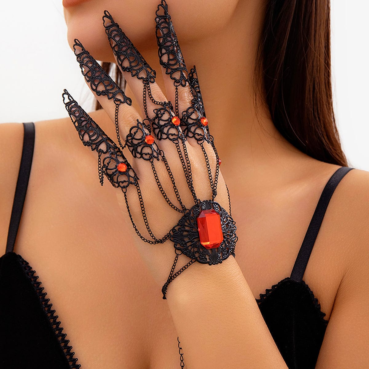 Gothic Rhinestone Inlaid Five Finger Ring Bracelet - ArtGalleryZen