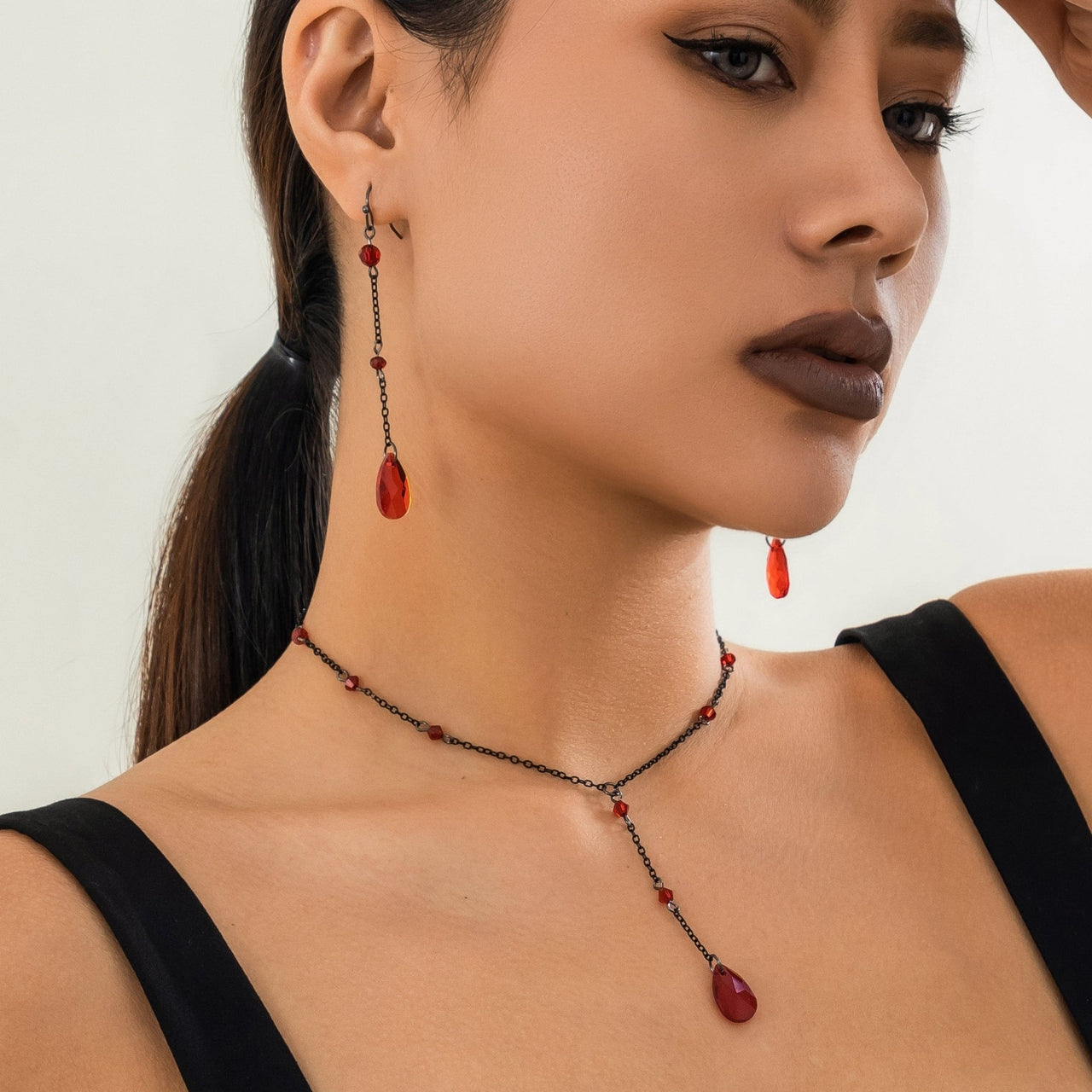 Gothic Rhinestone Waterdrop Pendant Y Necklace Earrings Set - ArtGalleryZen
