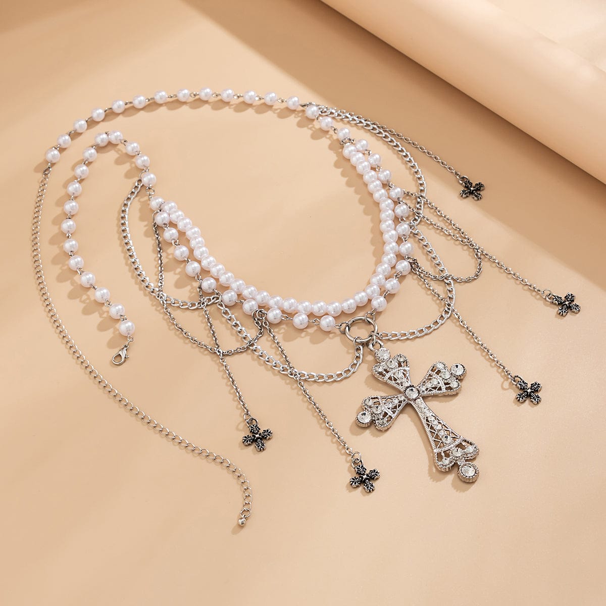 Gothic Layered Cross Tassel Pearl Waist Chain - ArtGalleryZen