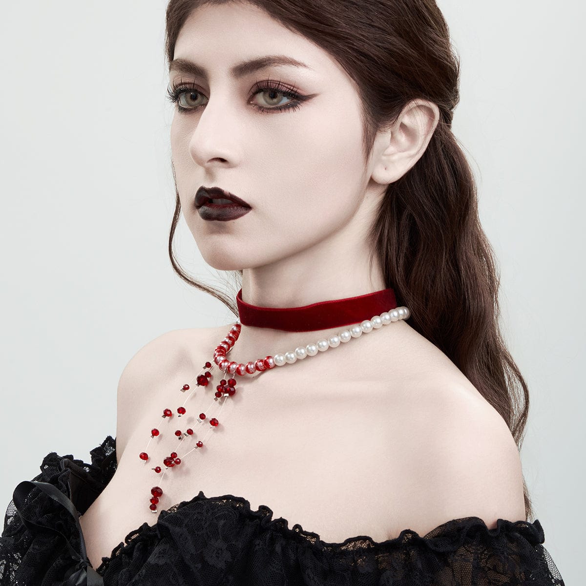 Halloween 2Pcs Blood Drop Crystal Tassel Pearl Chain Velvet Choker Necklace Set - ArtGalleryZen