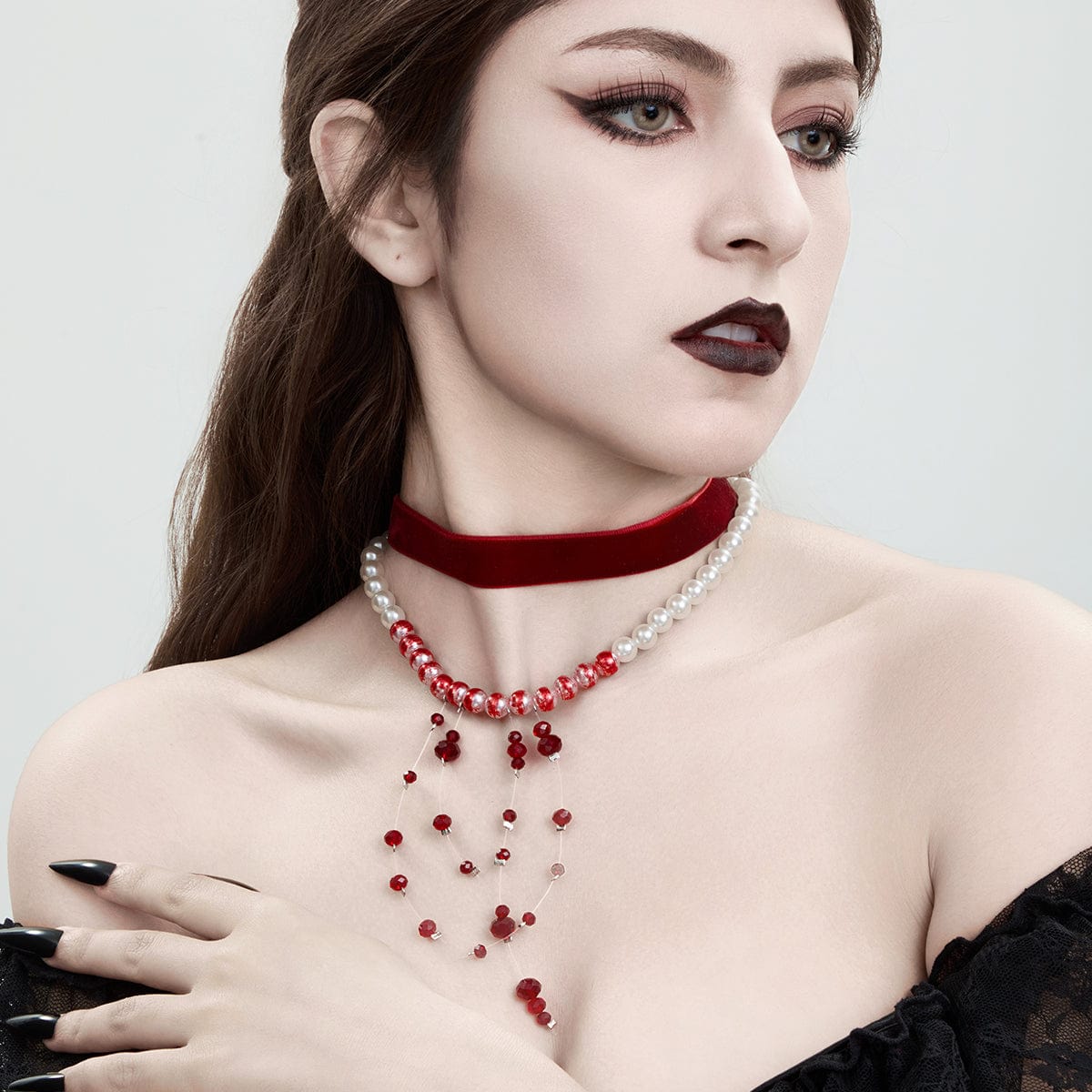 Halloween 2Pcs Blood Drop Crystal Tassel Pearl Chain Velvet Choker Necklace Set - ArtGalleryZen