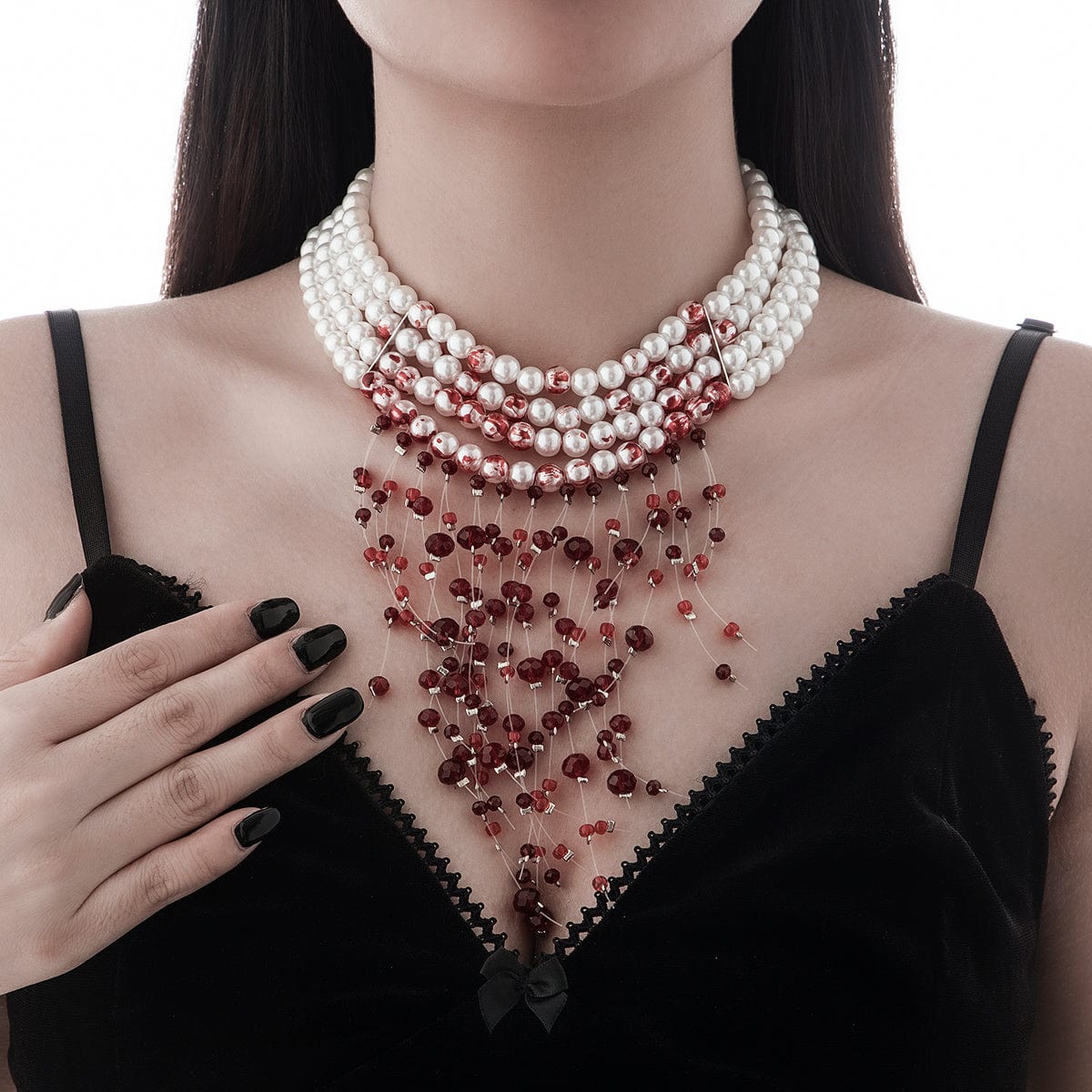 Halloween Chunky Crystal Tassel Dripping Blood Pearl Chain Choker Necklace - ArtGalleryZen