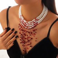 Thumbnail for Halloween Chunky Crystal Tassel Dripping Blood Pearl Chain Choker Necklace - ArtGalleryZen