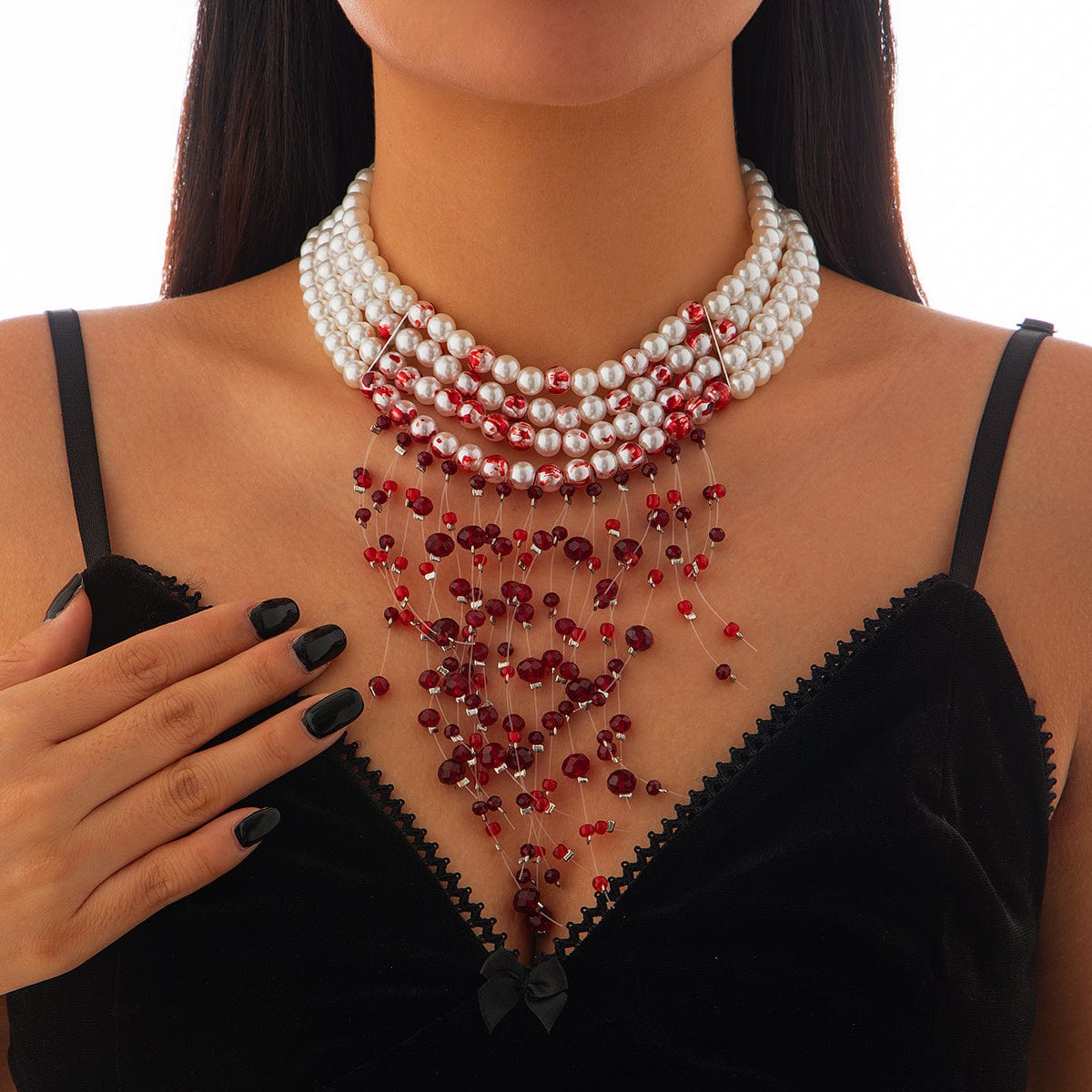 Halloween Chunky Crystal Tassel Dripping Blood Pearl Chain Choker Necklace - ArtGalleryZen