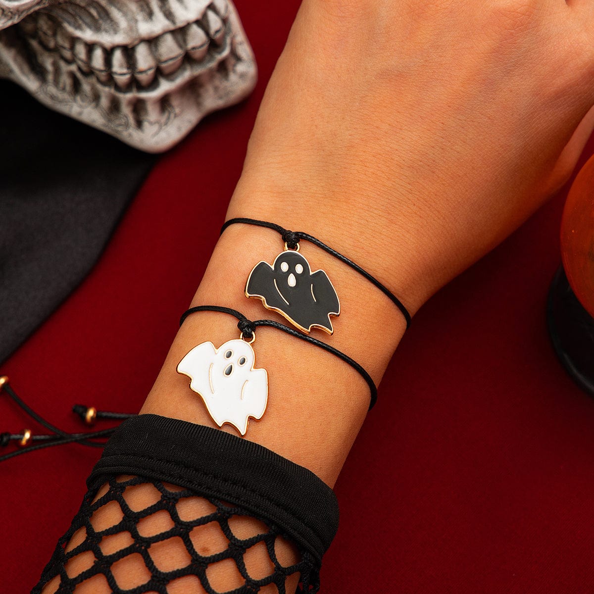 Halloween Cute Ghost Pendant Wax Cord Bracelet Set - ArtGalleryZen