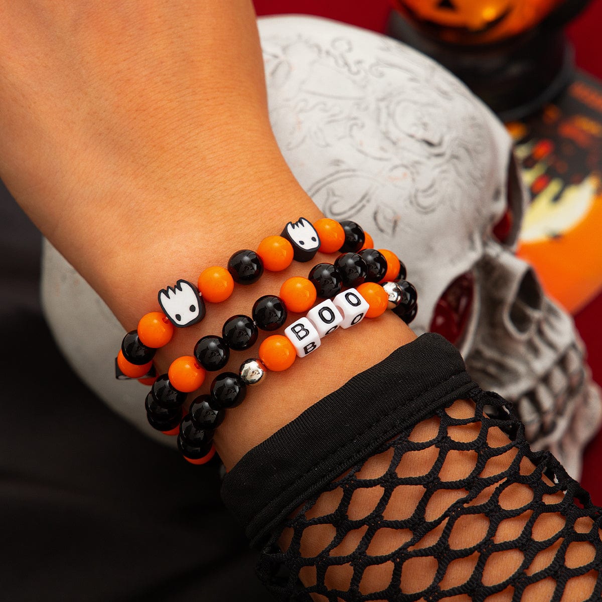 Halloween Theme Ghost Letter Charm Crystal Beaded Bracelet Set - ArtGalleryZen