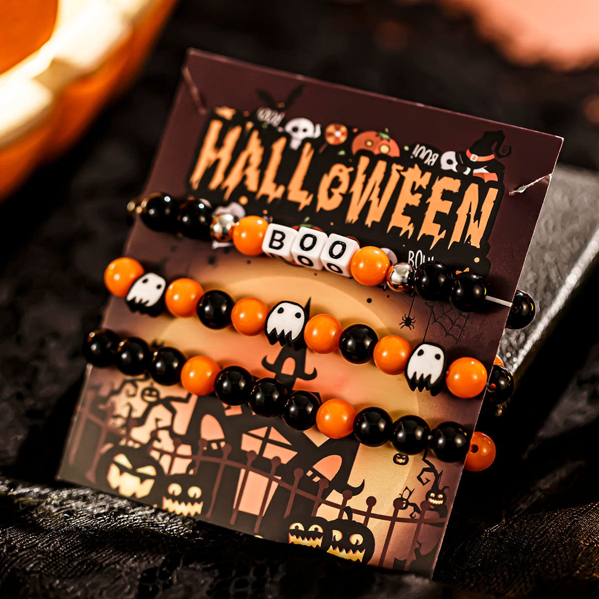 Halloween Theme Ghost Letter Charm Crystal Beaded Bracelet Set - ArtGalleryZen