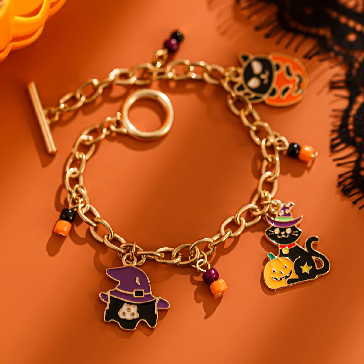 Halloween Toggle Clasp Witch Kitten Pumpkin Charm Bracelet - ArtGalleryZen