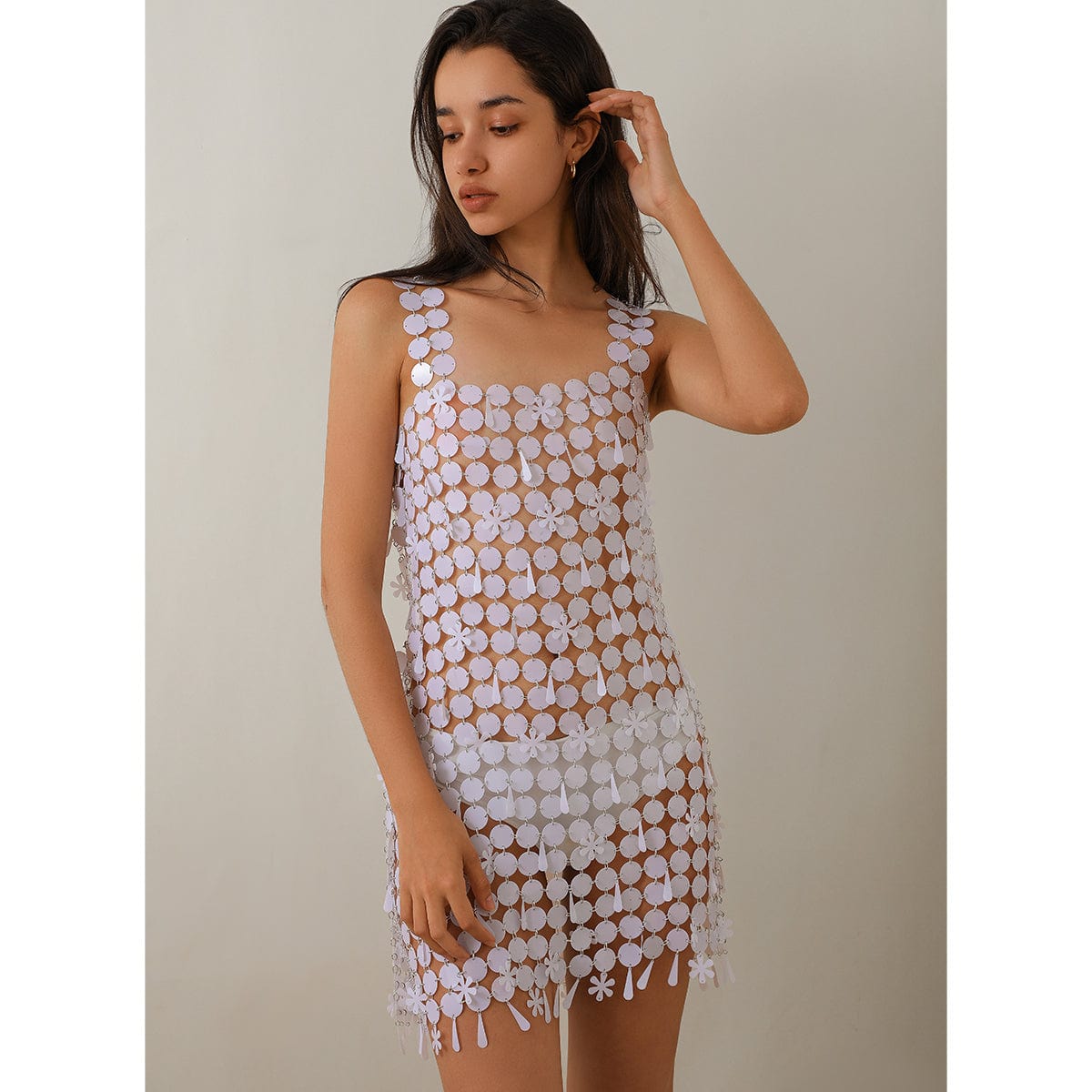 Handmade Black White Sequins Tassel Patchwork Nightclub Party Strappy Dress - ArtGalleryZen