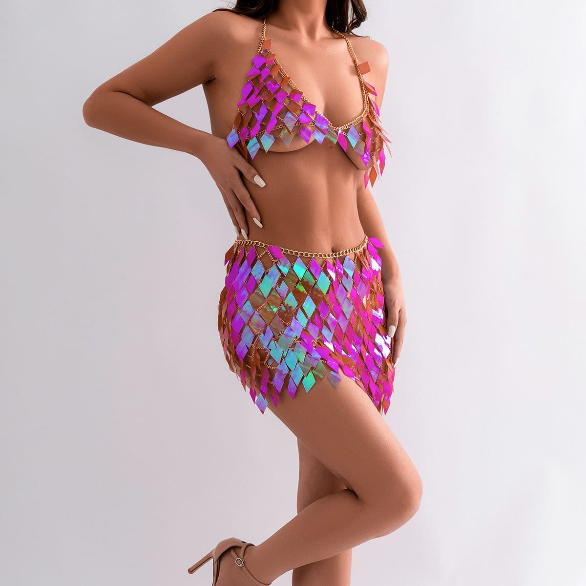 Handmade Colorful Rhombic Sequins Patchwork Strappy Nightclub Party Skirt - ArtGalleryZen