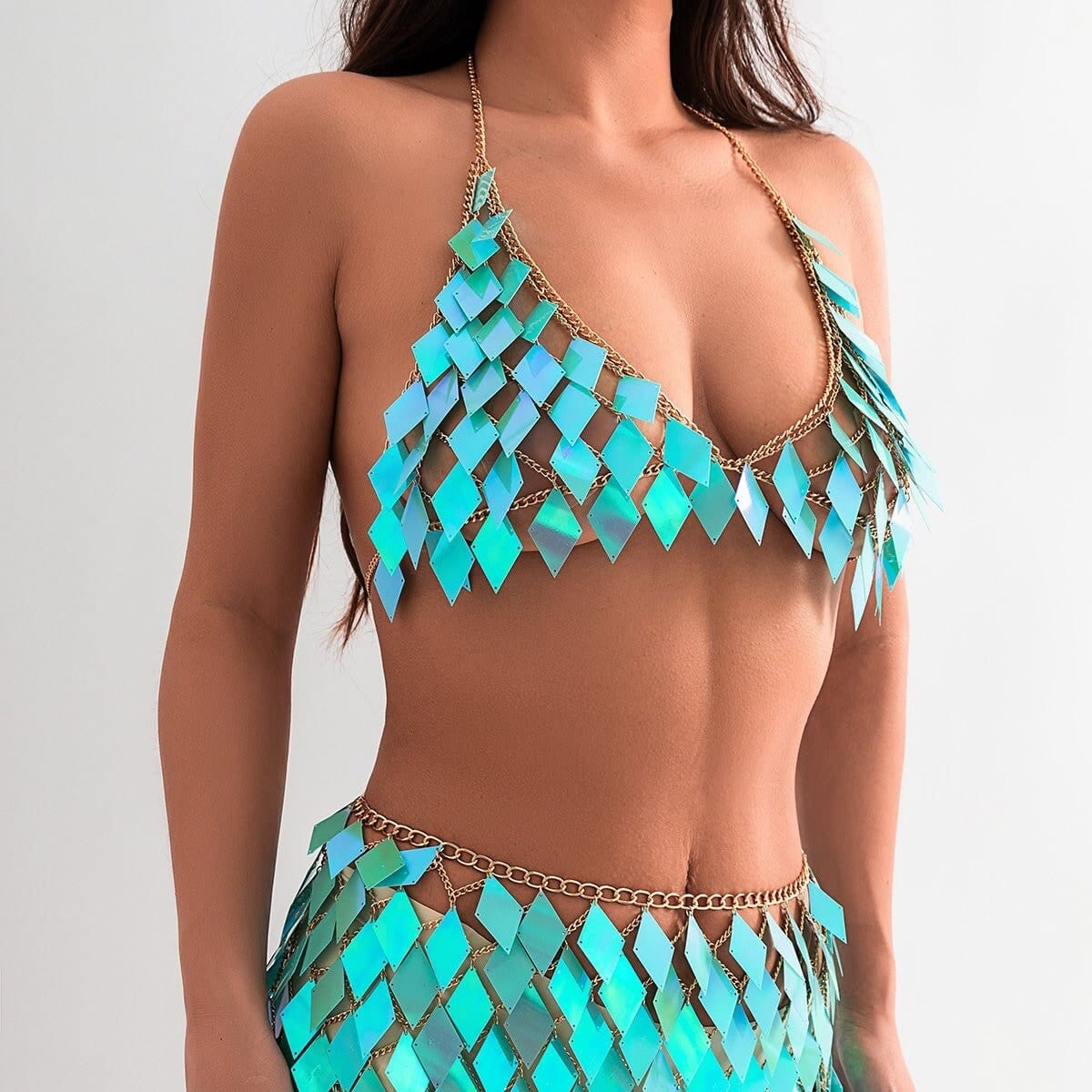 Handmade Colorful Rhombic Squamous Backless Sequin Bra - ArtGalleryZen