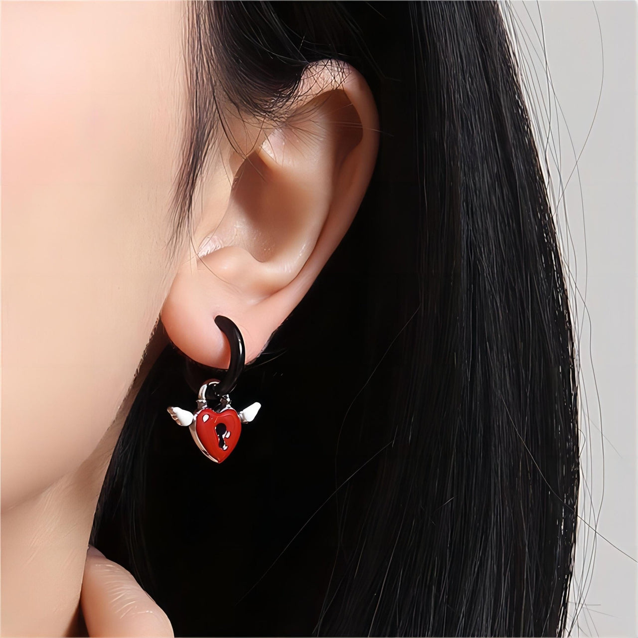 Handmade Enamel Angel Wings Heart Lock Huggie Hoop Earrings - ArtGalleryZen