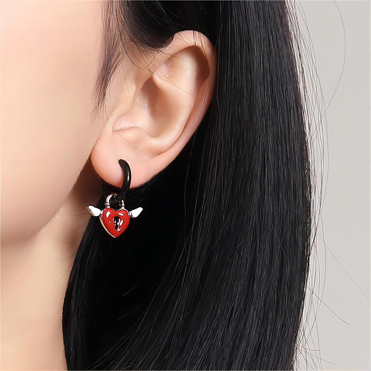 Handmade Enamel Angel Wings Heart Lock Huggie Hoop Earrings - ArtGalleryZen