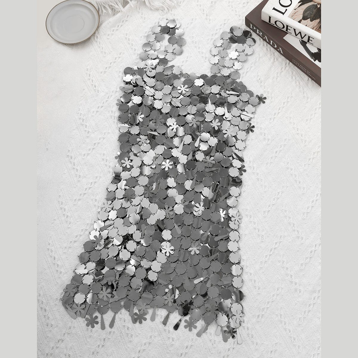 Handmade Gold Silver Plated Sequins Tassel Patchwork Nightclub Party Strappy Dress - ArtGalleryZen