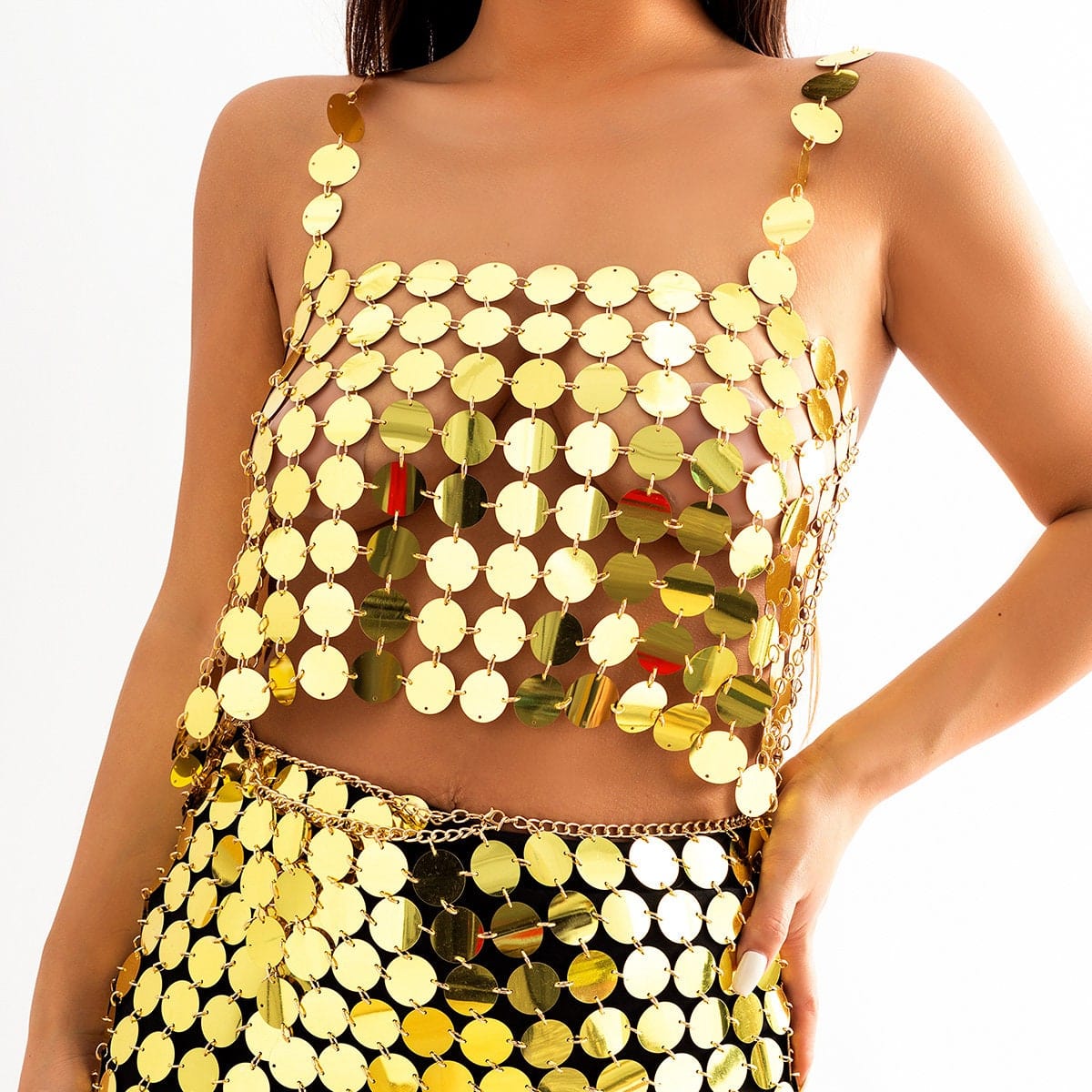 Handmade Gold Silver Tone Mirror Sequins Party Tank Top - ArtGalleryZen