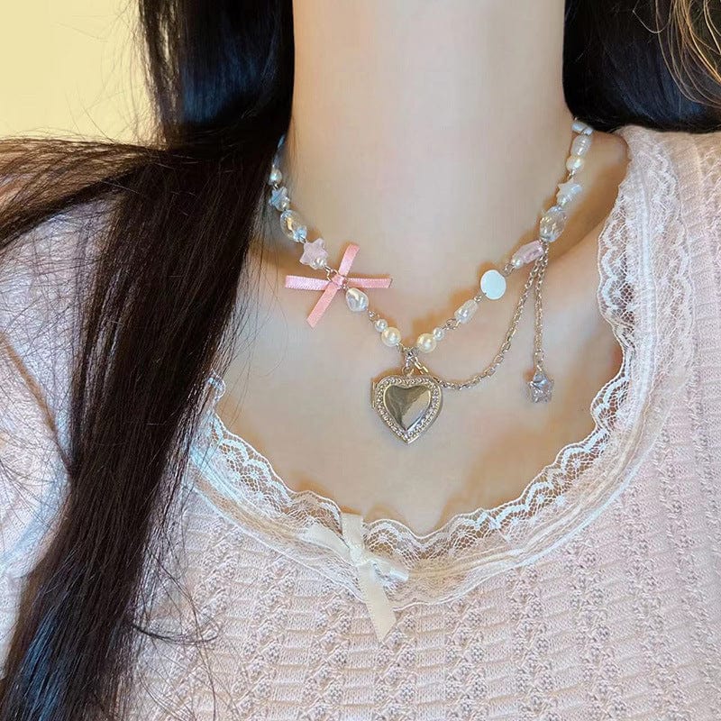 Handmade Heart Locket Pendant Crystal Star Pearl Chain Choker Necklace - ArtGalleryZen
