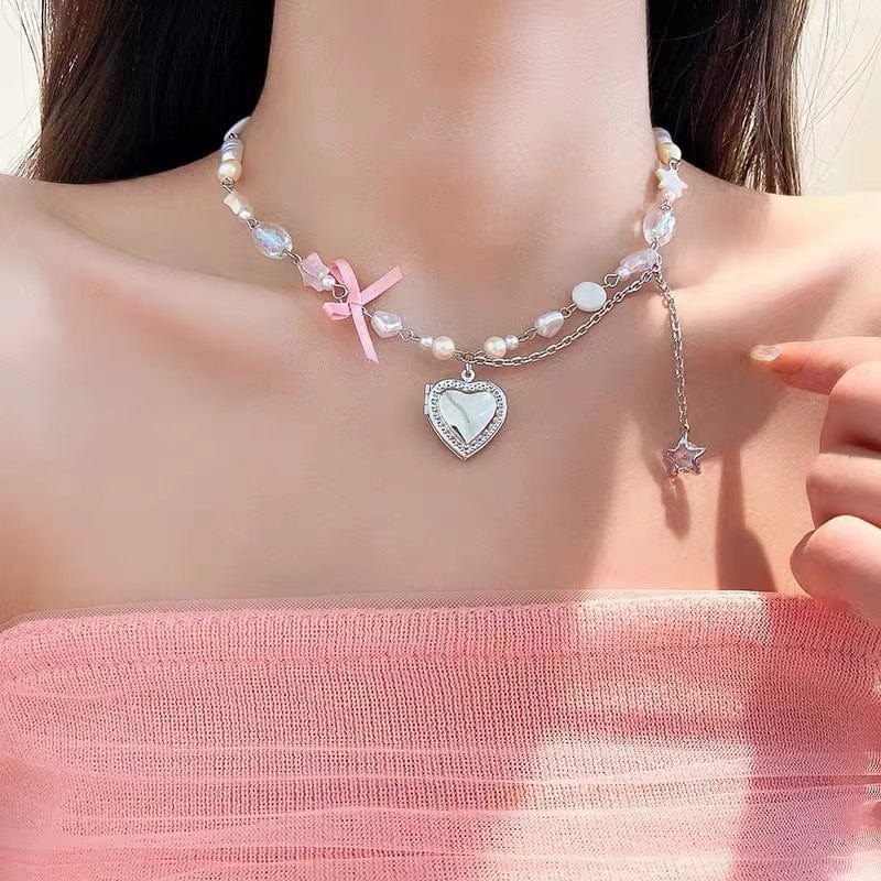Handmade Heart Locket Pendant Crystal Star Pearl Chain Choker Necklace - ArtGalleryZen
