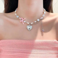 Thumbnail for Handmade Heart Locket Pendant Crystal Star Pearl Chain Choker Necklace - ArtGalleryZen