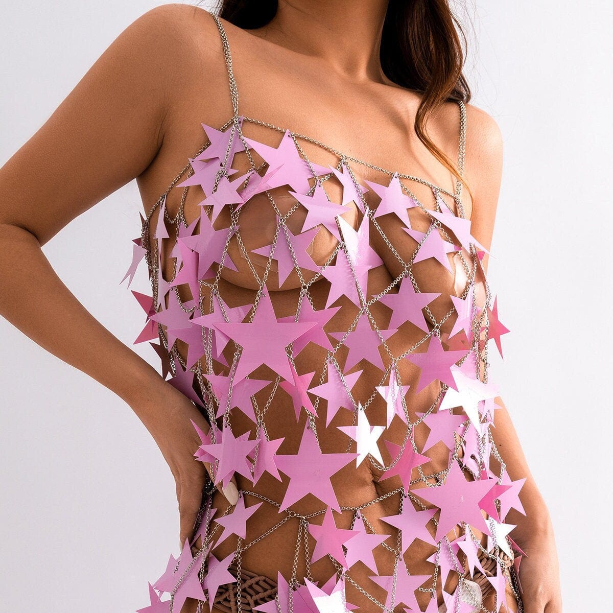 Handmade Hollow Pink Black Star Sequins Sleeveless Tank Top - ArtGalleryZen