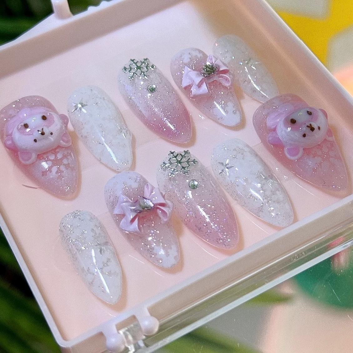 Handmade My Melody Winter Snowflake 3D Press on Nails False Nail - ArtGalleryZen
