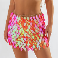 Thumbnail for Handmade Orange Rhombic Sequins Patchwork Strappy Nightclub Party Skirt - ArtGalleryZen