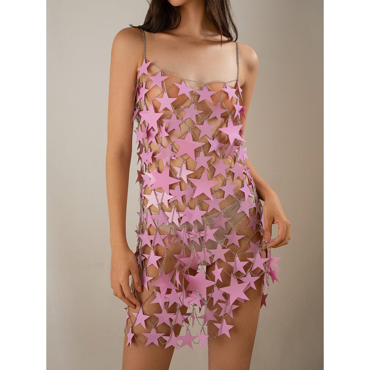 Handmade Pink Black Star Sequins Patchwork Rave Party Mini Dress - ArtGalleryZen