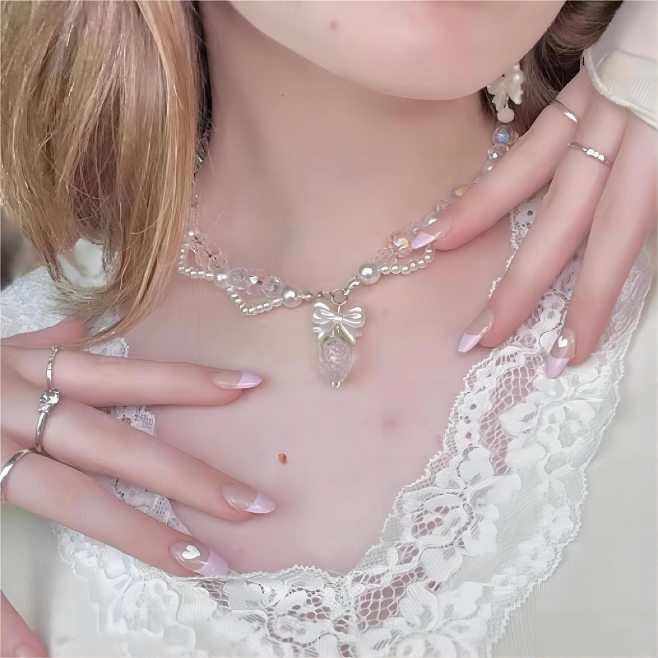 Handmade Pink Crystal Strawberry Pendant Pearl Chain Choker Necklace - ArtGalleryZen