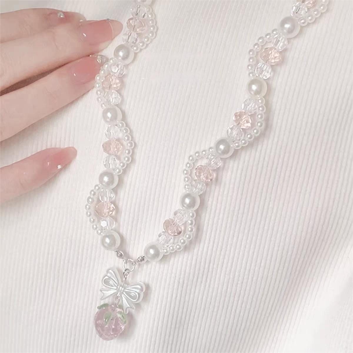Handmade Pink Crystal Strawberry Pendant Pearl Chain Choker Necklace - ArtGalleryZen