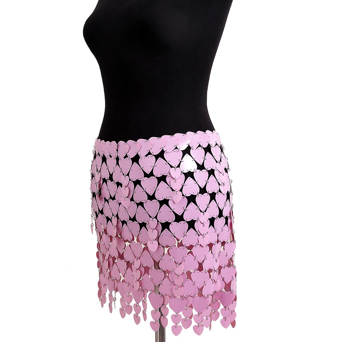Handmade Pink Heart Sequins Patchwork Strappy Nightclub Party Mini Skirt - ArtGalleryZen