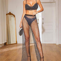 Thumbnail for Handmade Rhinestone Fishnet See Through Mesh Loose Trousers - ArtGalleryZen