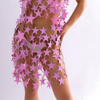 Thumbnail for Handmade Squamous Hollow Pink Black Star Sequins Strappy Rave Party Skirt - ArtGalleryZen