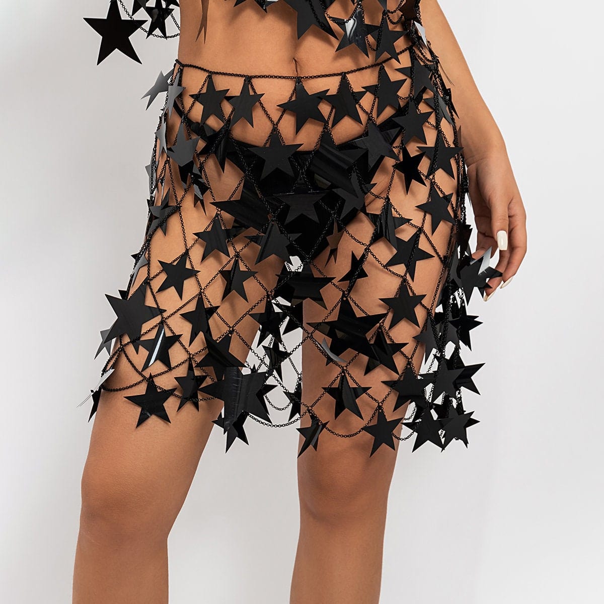 Handmade Squamous Hollow Pink Black Star Sequins Strappy Rave Party Skirt - ArtGalleryZen