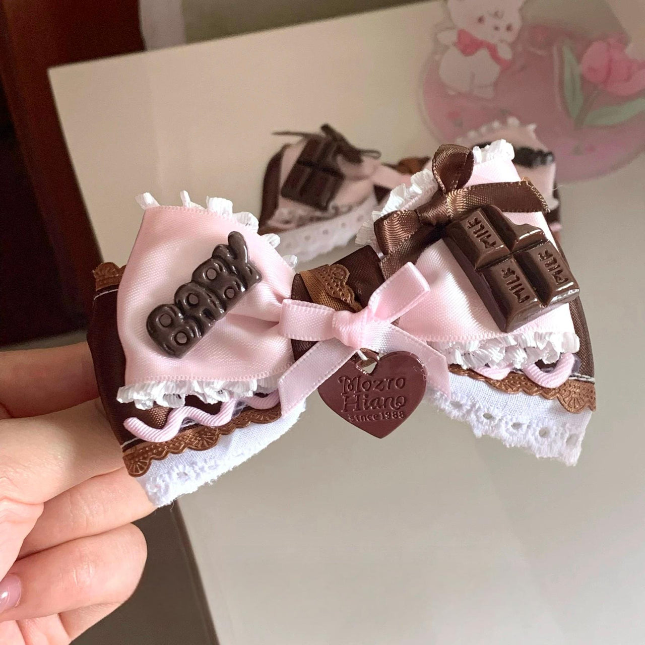Handmade Strawberry Chocolate Ribbon Bowknot Hair Clip - ArtGalleryZen