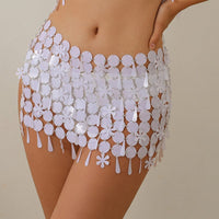 Thumbnail for Handmade White Black Sequins Tassel Patchwork Strappy Nightclub Party Mini Skirt - ArtGalleryZen