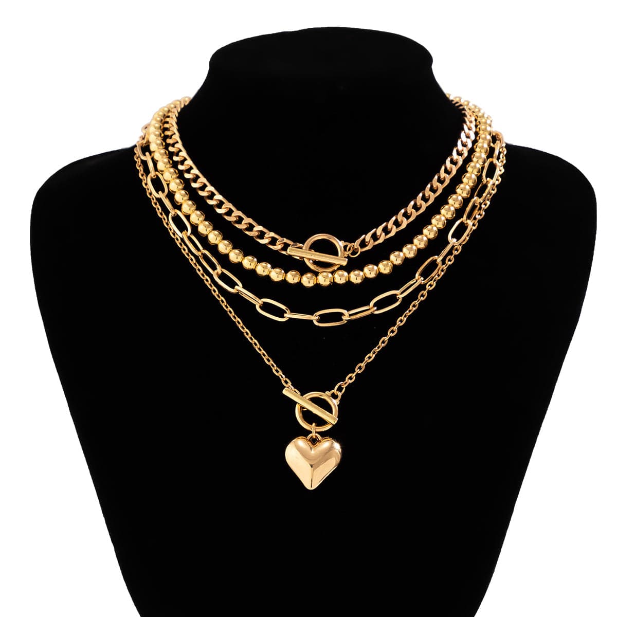 Hip Hop 4pcs Toggle Clasp Heart Pendant Cable Chain Necklace Set - ArtGalleryZen