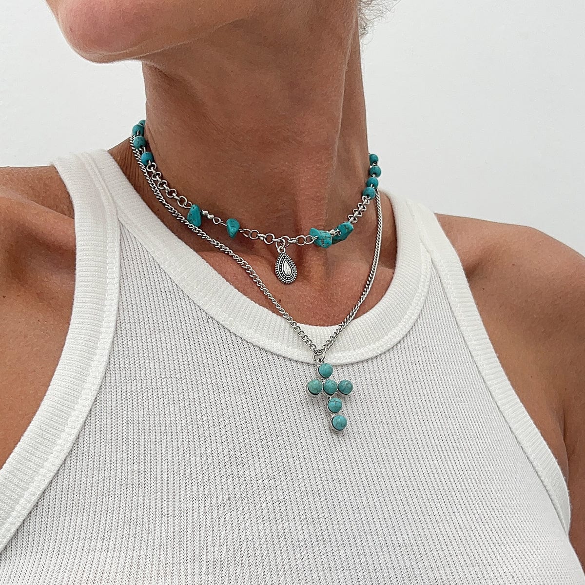 Hippie 2pcs Turquoise Inlaid Cross Waterdrop Pendant Curb Chain Necklace Set - ArtGalleryZen