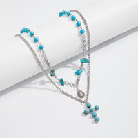 Thumbnail for Hippie 2pcs Turquoise Inlaid Cross Waterdrop Pendant Curb Chain Necklace Set - ArtGalleryZen
