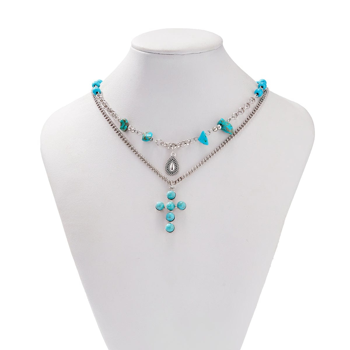 Hippie 2pcs Turquoise Inlaid Cross Waterdrop Pendant Curb Chain Necklace Set - ArtGalleryZen