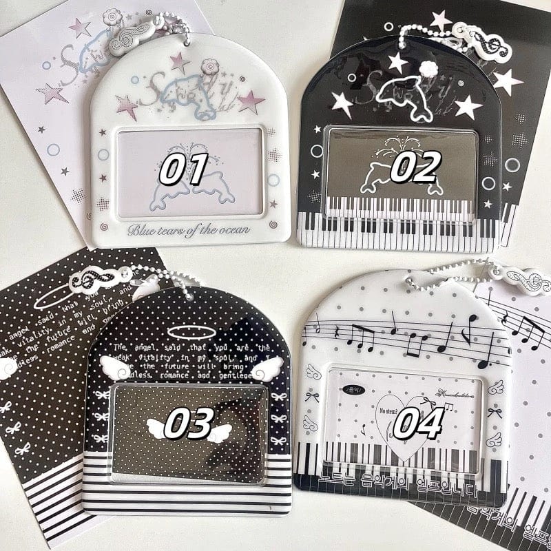 Horizontal Black White Piano Melody Heart Kpop Keychain Photocard Holder - ArtGalleryZen