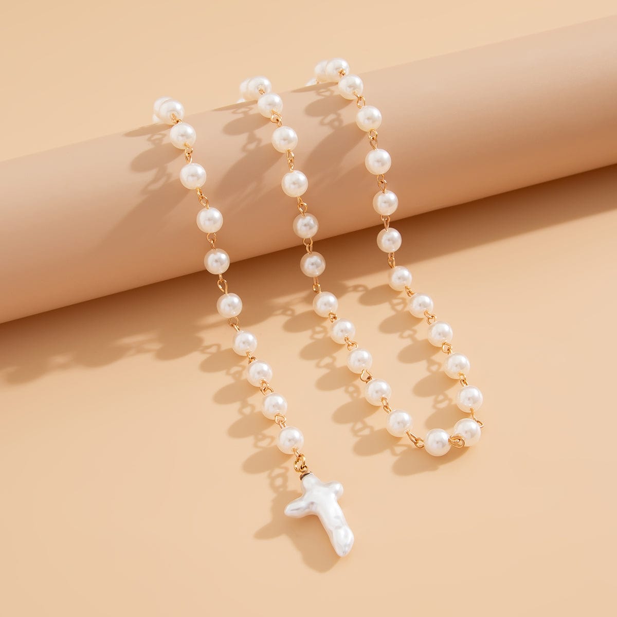 Irregular Cross Pearl Pendant Long Chain Y Necklace - ArtGalleryZen