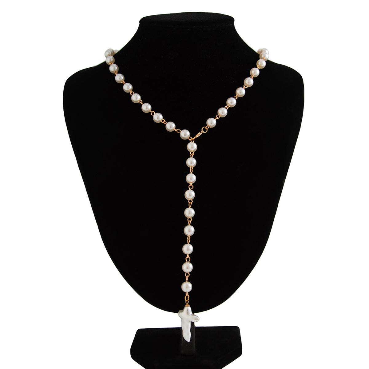 Irregular Cross Pearl Pendant Long Chain Y Necklace - ArtGalleryZen