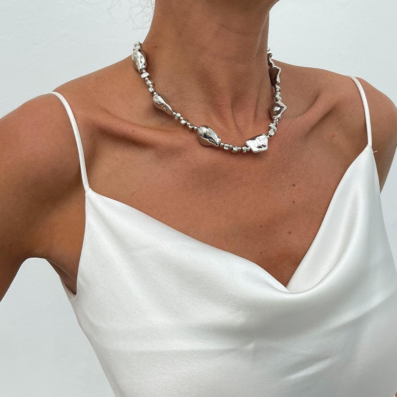 Irregular Gold Silver Tone CCB Beaded Chain Necklace - ArtGalleryZen