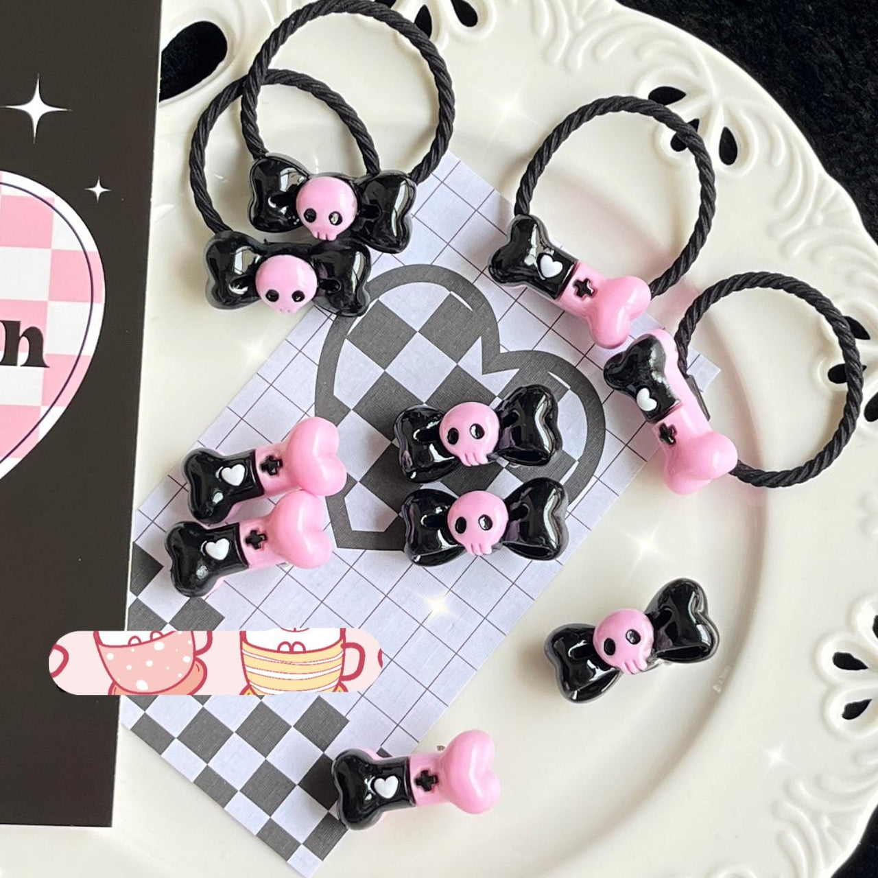 Kawaii 2 Pieces Kuromi Skull Bone Hair Clip Hair Rope Set - ArtGalleryZen