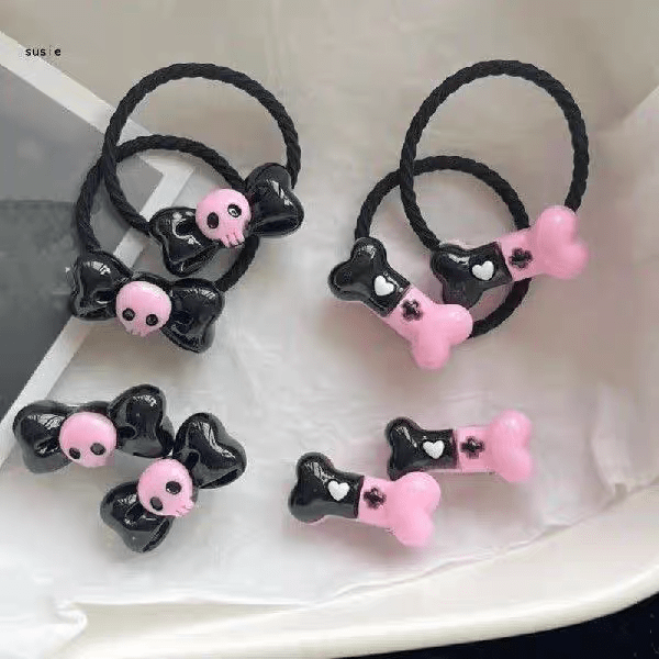 Kawaii 2 Pieces Kuromi Skull Bone Hair Clip Hair Rope Set - ArtGalleryZen