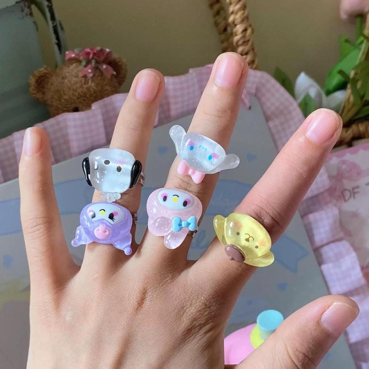 Kawaii 5 Pieces Sanrio Resin Rings Set - ArtGalleryZen
