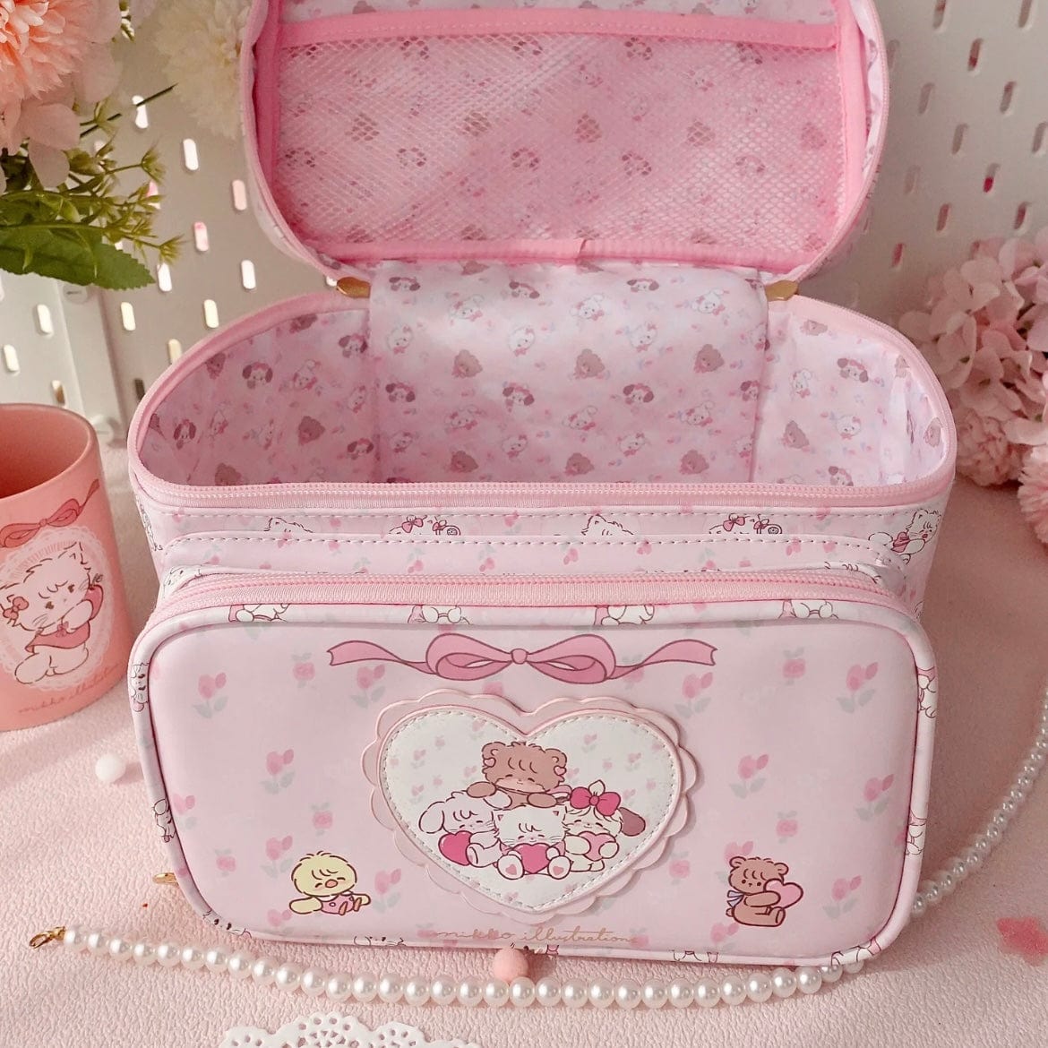 Kawaii Anime Mikko Leather Multi-Layer Makeup Bag Portable Travel Large Capacity Storage Bag - ArtGalleryZen
