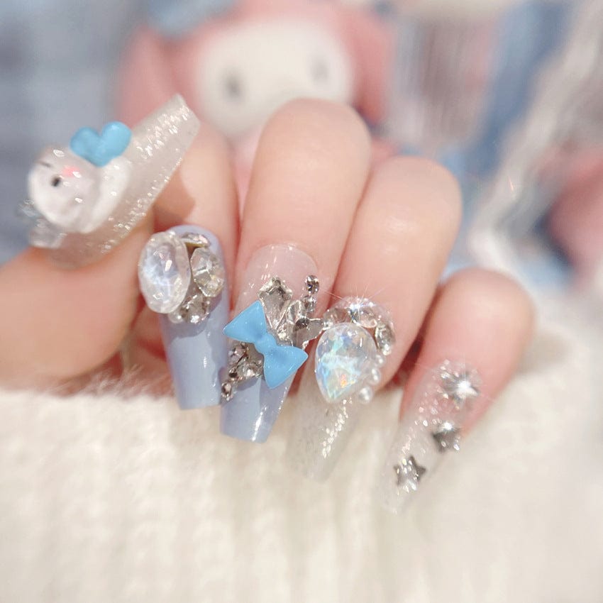Kawaii Cinnamoroll Rhinestone Bowknot 3D Press on Nails False Nail - ArtGalleryZen