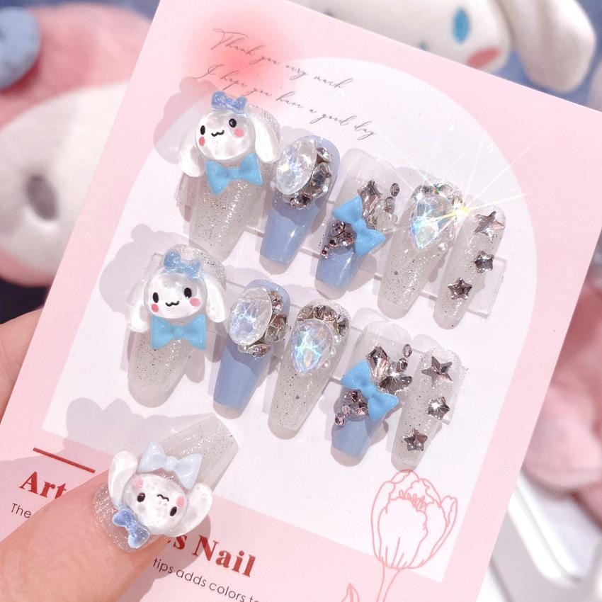 Kawaii Cinnamoroll Rhinestone Bowknot 3D Press on Nails False Nail - ArtGalleryZen