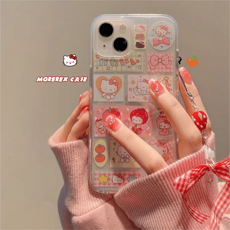 Kawaii Handmade Hello Kitty Sticker iPhone Case With Phone Chain - ArtGalleryZen